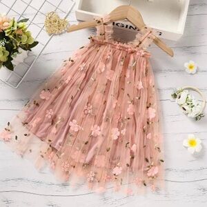 Girls Pink Boho Tulle embroidered Floral Dress
